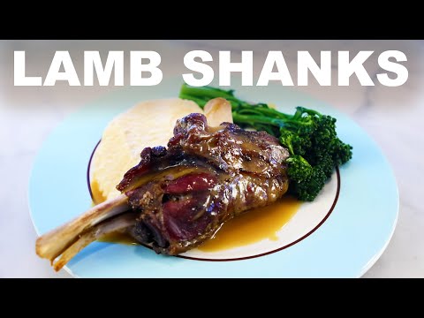 Lamb shanks with roasted garlic sauce celeriac pur e broccolini