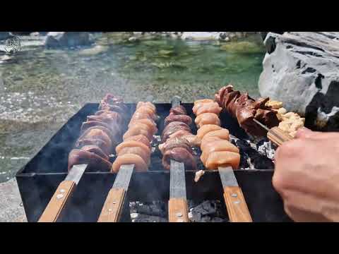Grilled Lamb Liver, Heart, Kidney & Chicken by the River | Nature's Feast with Relaxing River Sounds