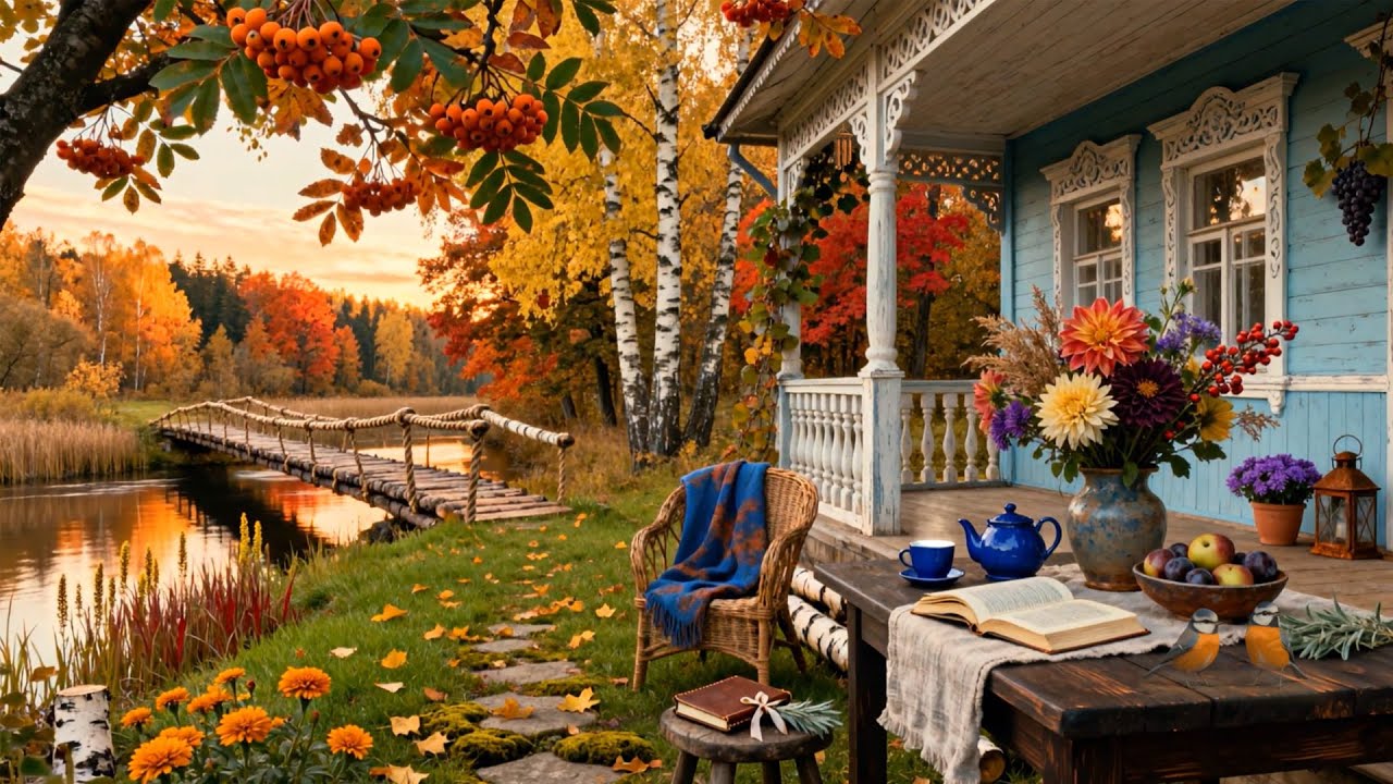 Cozy Autumn Porch Ambience 🍂📖 Tea, Open Book & Relaxing Nature by the Wooden Bridge