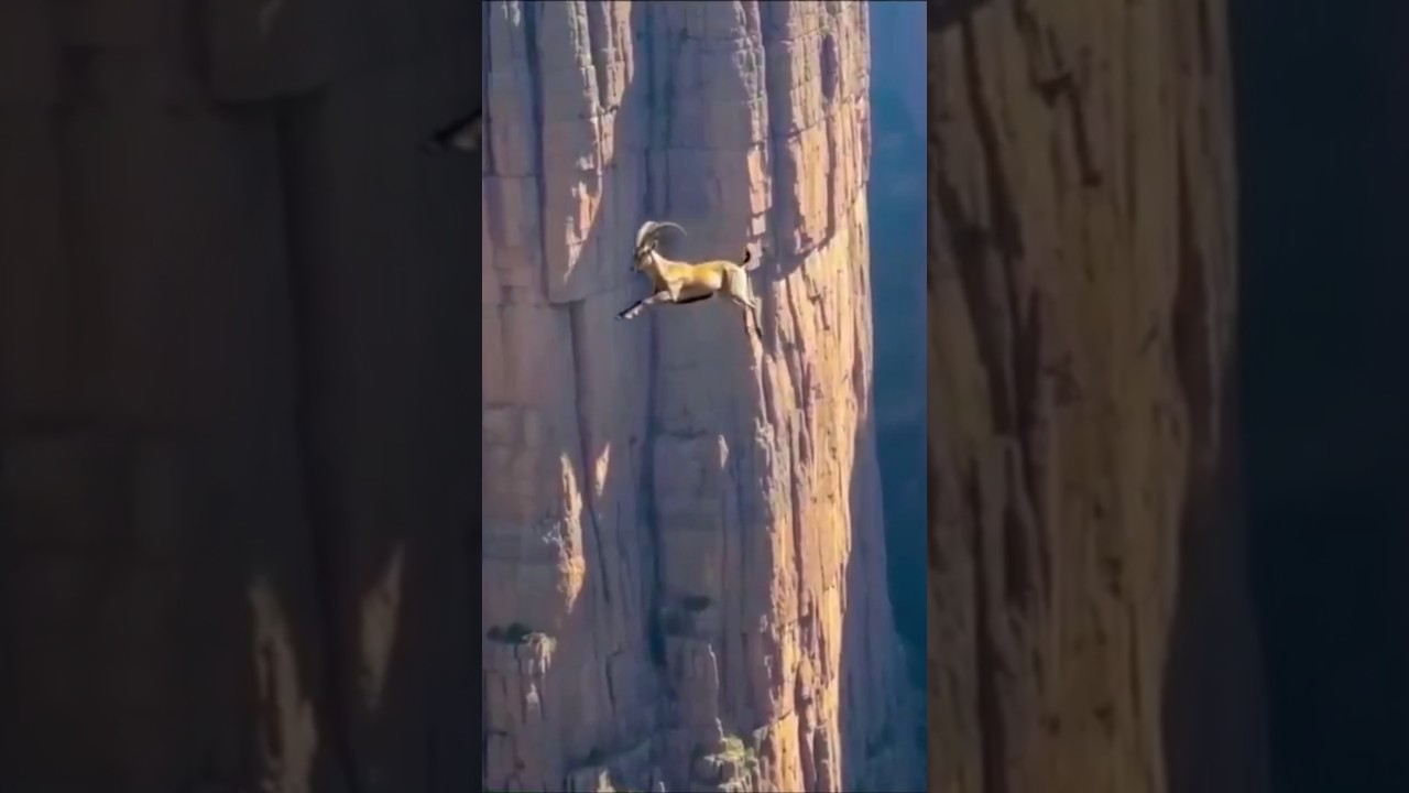 Mountain goat leaps across massive canyon without hesitation
