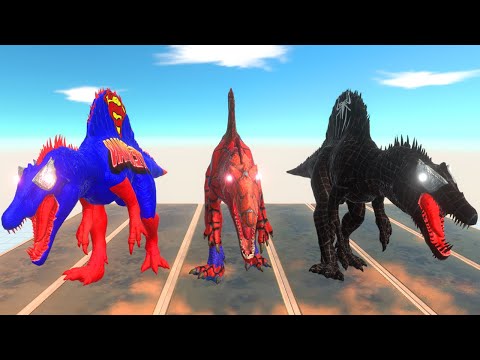 SUPER MAN, SPIDER MAN, VENOM Spinosaurus Race get a Pig - Animal Revolt Battle Simulator