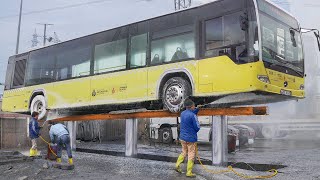 Deep Cleaning Mercedes City Bus On Massive Hydraulic Lift