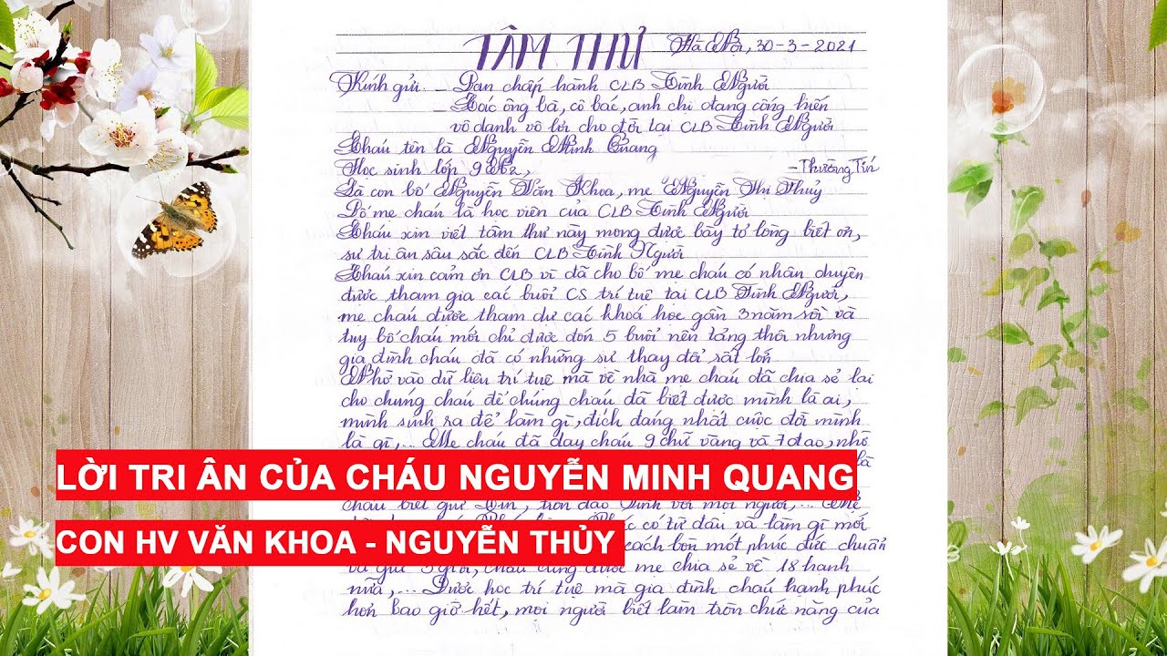 Tâm thư 12 - Lời tri ân CLB Tình Người của cháu Nguyễn Minh Quang (con HV Nguyễn Văn Khoa, Nguyễn Thị Thuỷ ở Thường Tín, Hà Nội)