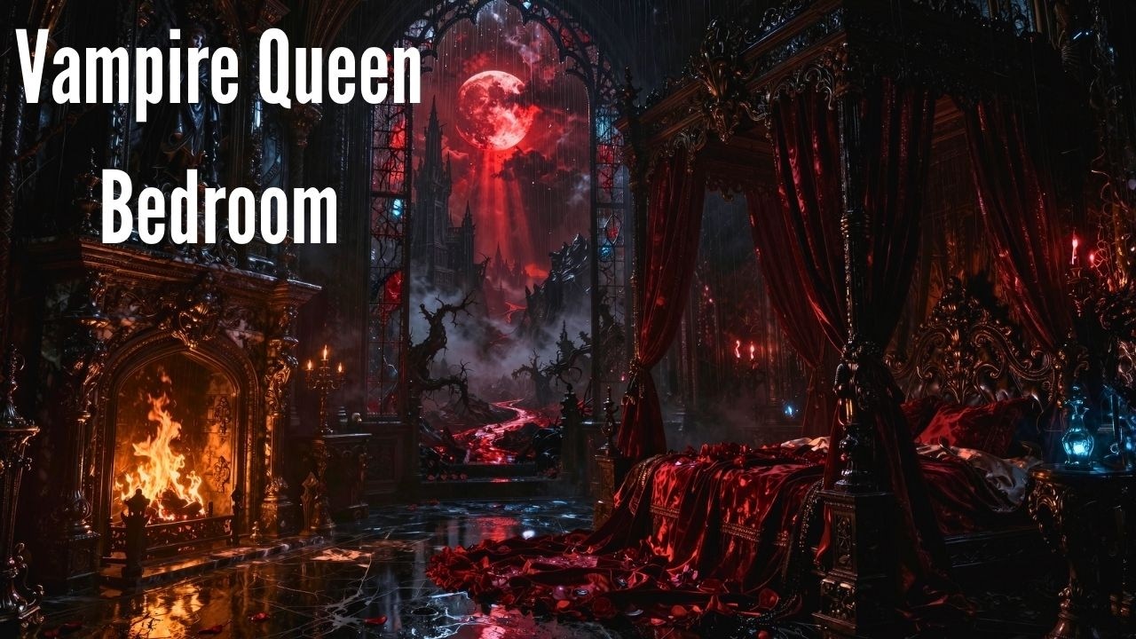 Vampire Queen Bedroom  Ambient Music | Gothic Cozy Bed Room Views  | Rain And Fireplace Ambient   4k