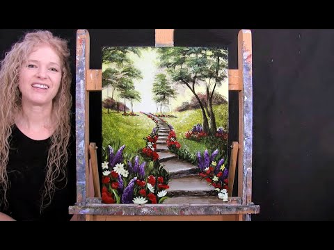 Learn How to Paint "SUMMER FLOWER STAIRWAY" with Acrylic Paint - Paint & Sip at Home - Easy Painting