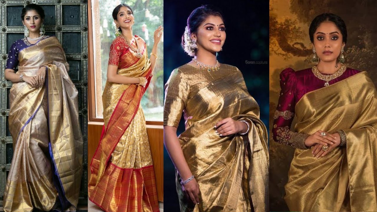 BEAUTIFUL GOLDEN COLOR PATTU SAREES collection, GORGEOUS GOLDEN WEDDING SAREE IDEAS