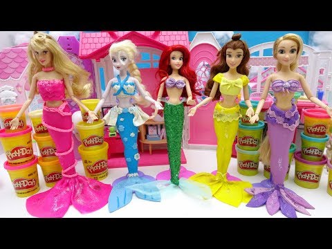 Disney Princess Play-Doh Mermaid Costume Dress UP Frozen Rapunzel Belle Aurora Learn Colors with DIY