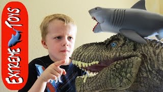 Kitchen Trouble! Jaws Shark Toy and T-Rex Toy Make a Big Mess!