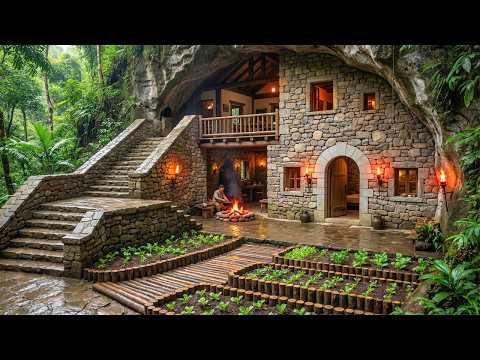 Rainforest Storm Survival | Full Build: Upgrading Underground Stone Shelter (Walls, Kitchen, Garden)