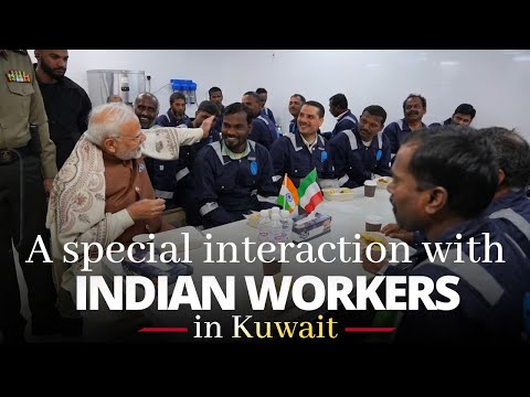 PM's interaction with Indian workers at Gulf Spic Workers Camp in Kuwait
