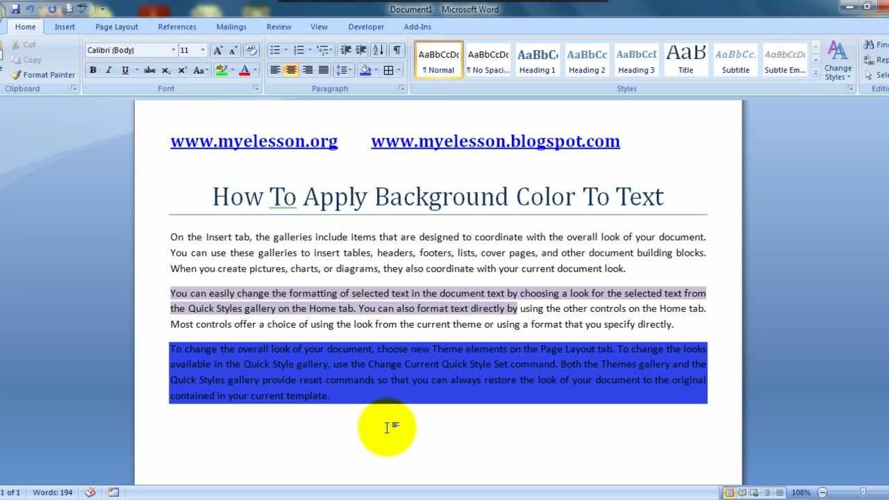 MS Word: Apply Background Color To Text
