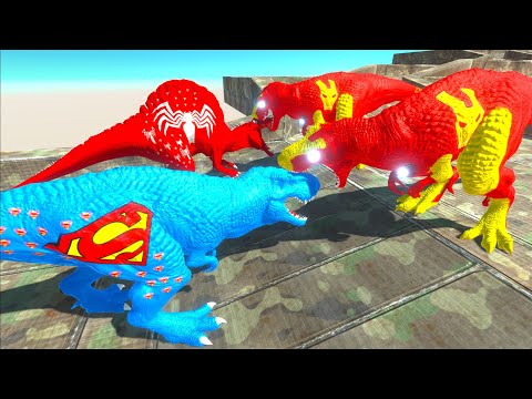 SUPERMAN T-REX and SPIDERMAN SPINOSAURUS vs 2X IRON MAN T-REX DEATH CLIMB - Animal Revolt Battle Sim