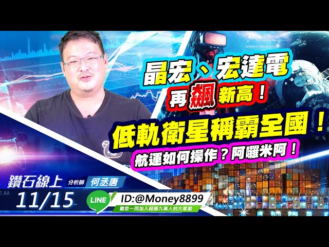 【鑽石線上】 1115晶宏、宏達電再飆新高！低軌衛星稱霸全國！航運如何操作？阿囉米阿！|何丞唐
