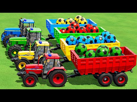 TRANSPORT and AUTO LOAD SOCCER BALL WITH JOHN DEERE & CASE POLICE TRACTORS & COLORED TRAILERS! FS22