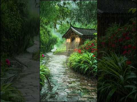 在森林深处，那间小茅草屋静立雨中。雨滴敲打着屋檐，屋内弥漫着宁静诗意。潮湿的空气，浸润着心灵，让思绪飘飞 #rain #rainsounds #scenery #治愈 #nature #peace.