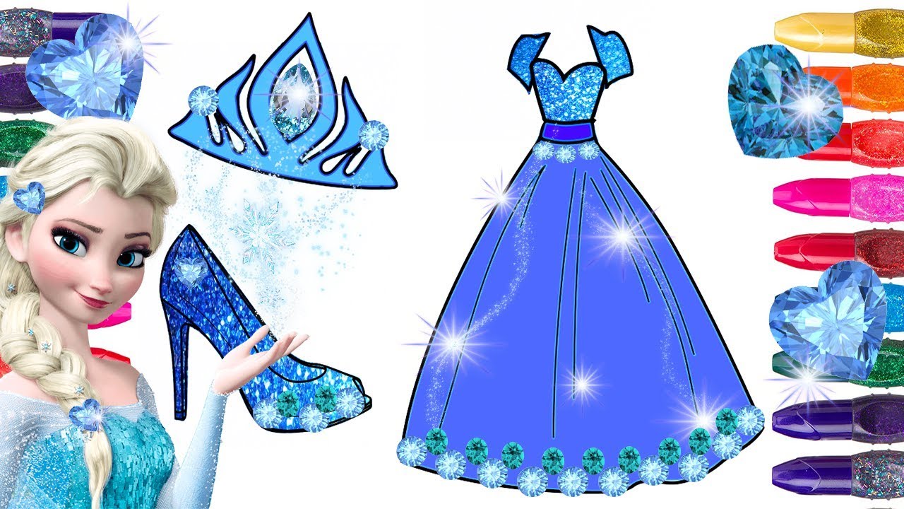 Frozen Elsa Coloring Page Painted with GLITTER and GEMSTONES | Glitter Frozen Coloring Elsa Dress