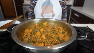 Making methi, soya mince and potatoes - cooking methi herbs I previously blanched and froze