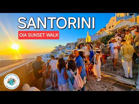 Santorini Sunset, Greece 🇬🇷 - Oia Evening 4K Walking Tour with Captions