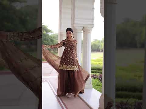 Brown Luxury Fendy Silk Sequins Embroidered Kurti with Sharara & Matching Cut-Work Dupatta Party & Festive Wear Set