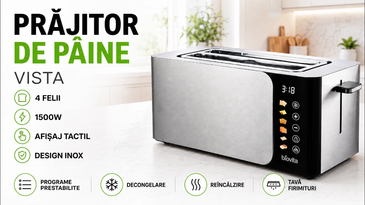 Prăjitor de pâine cu 4 felii, VISTA, 1500 W, afișaj tactil, programe prestabilite, design inox