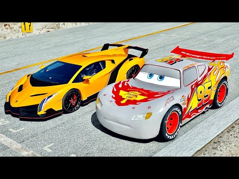 Silver Lightning McQueen Piston Cup vs Lamborghini Veneno at Top Gear Track