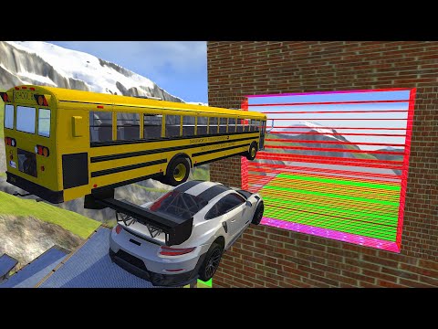 Crazy Vehicle High Speed Jumping Through Red Laser In Green Slime Pool - BeamNG drive Fire laser