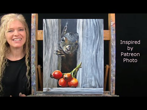 Learn to Draw & Paint with Acrylics CUTE HUNGRY SQUIRREL- Fun Animal Portrait Paint and Sip at Home