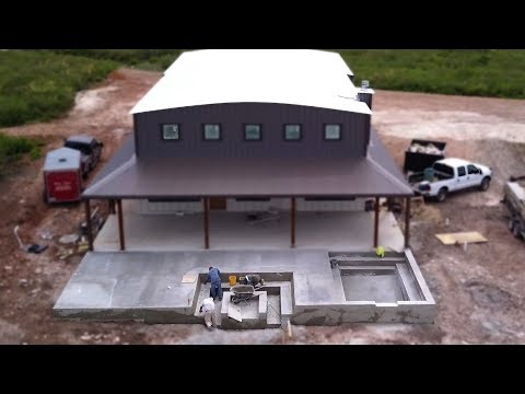 Patio with built in fire pit and pool concrete pour - Texas Barndominiums Episode 21
