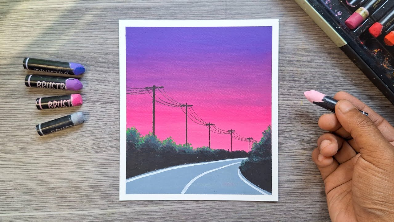 Beautiful Sunset Road Drawing with Oil Pastels | Step-by-Step for Beginners