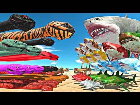 Sea Monsters Fights Giant Snake Team | Mutant Megalodon vs Snake - Animal Revolt Battle Simulator