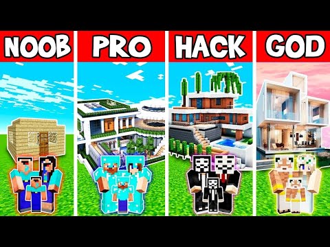 EPIC Modern House Build Challenge - Noob Vs Pro Vs Hacker Vs God