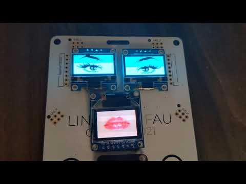Linux conf au 2021 conference badge: 2x SSD1306 (I2C) + 1x SSD1331 SPI