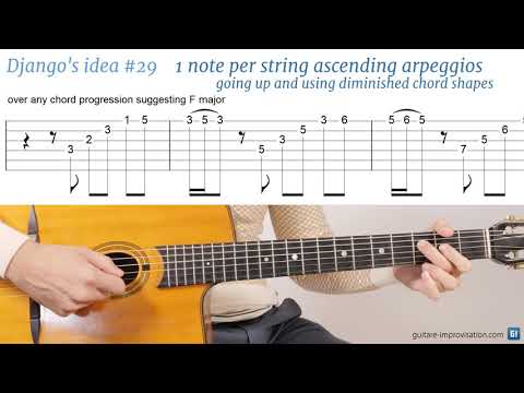 Django Reinhardt lick #29 : 1 note / string ascending arpeggios going up and using dim chord shapes