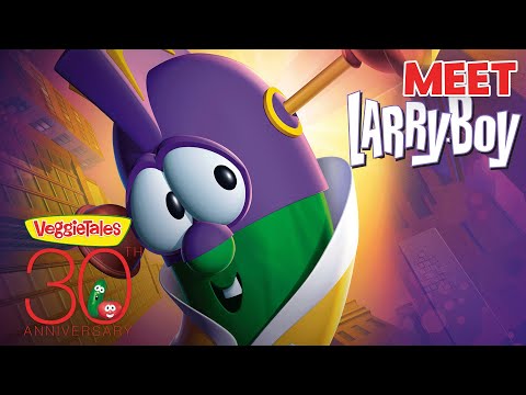Meet LarryBoy banner from VeggieTales showing LarryBoy's purple head, with 'Meet LarryBoy' and '30th Anniversary' text.