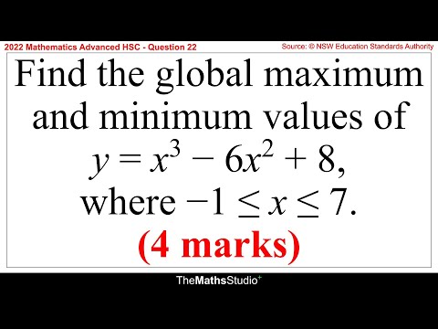 2022 Maths Advanced HSC Q22 Find global maximum & minimum values of y=x³-6x²+8 in interval [-1,7]