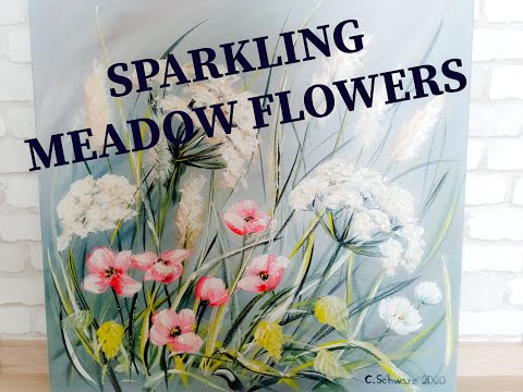 Acrylgemälde SPARKLING MEADOW FLOWERS - Mohn und Wiesenblumen auf Leinwand malen mit Glitter