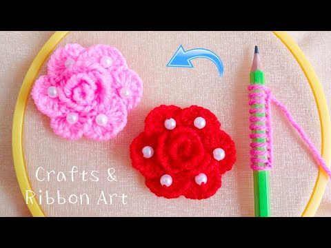 Amazing 3D Woolen Rose Making Idea with Pencil - Hand Embroidery Easy Trick - DIY Woolen Flowers