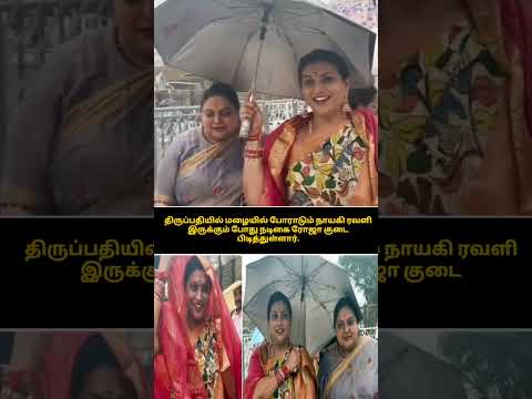 Actress Roja holds an umbrella while heroine Ravali is struggling in the rain in Tirupati.