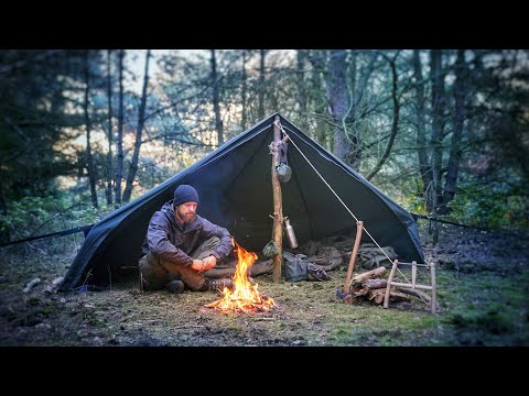 24H Bushcraft Solo Overnight - making bucksaw, traditional gear, canvas lavvu tent, iron pan | 4K