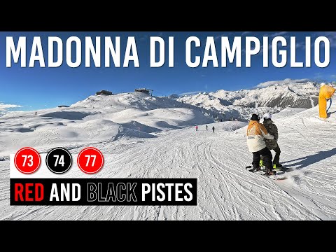 Skiing Red and Black Pistes 73, 74, 77 in Madonna di Campiglio, Dolomiti di Brenta