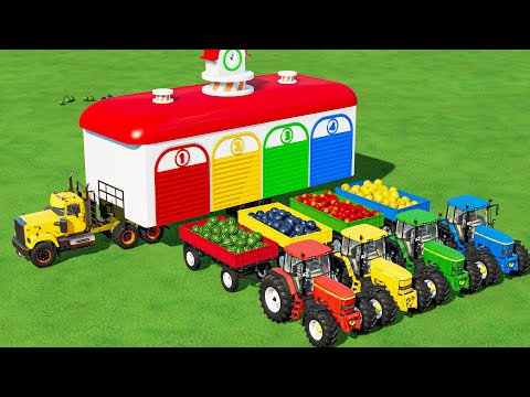 TRANSPORTING JOHN DEERE TRACTORS & FRUITs with FLATBED TRAILER  & CRAZY LOADERS!! FS22