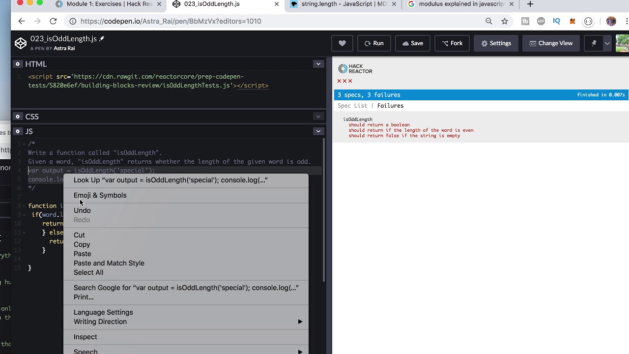 JavaScript Exercises | Hack Reactor Bootcamp Prep | Module 1: 023_isOddLength