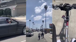 LeBron James bike riding in Los Angeles streets, fans call out his name as they drive by