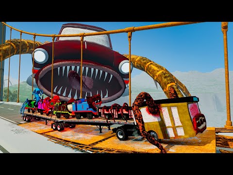 ALL MONSTERS.EXE on Double flatbed Big & Small Cars vs Broken Bridge with CAR EATER – BeamNG.Drive