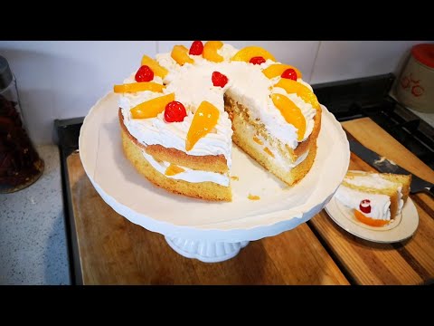Fresh cream Cake with canned peaches & glazed cherries / Cape Malay /Cape Town.