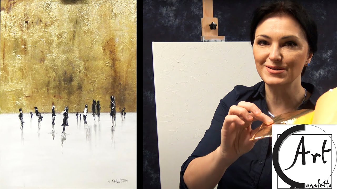 Lodowisko - złoto płatkowe, pasta strukturalna - Abstrakcja - Jak namalować obraz