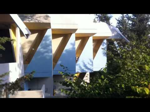 Bright colors, sharp angles, constructivist architecture features