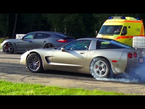 Porsche Panamera Turbo S vs Corvette C5 - 1/4 Mile Viertelmeile + Burnout Sound Acceleration