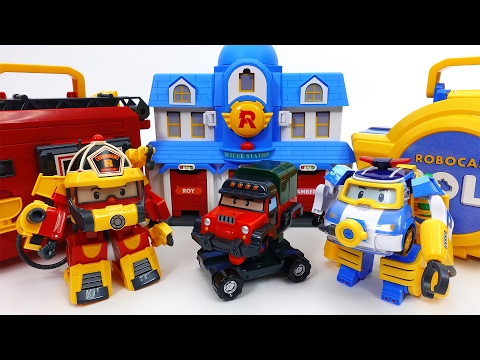 Transforming Police Car Poli Fire Truck Roy Robocar Rescue Station & Transforming Base Playset