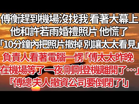 【完結】傅衡趕到機場沒找我 看著大幕上，他和許若雨婚禮照片 他慌了，「10分鐘內把照片撤掉 別讓太太看見」負責人看著電腦一愣「傅太太昨晚在機場等了一夜 剛登機離開了&hellip;」「傅總 夫人撤資公司要倒閉了！」